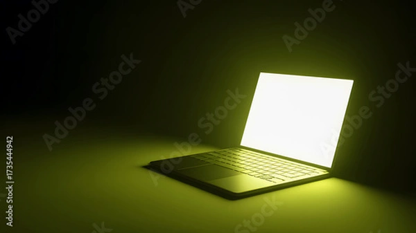Fototapeta Modern laptop glowing brightly in dark minimalist space, inspiring digital creativity and innovation