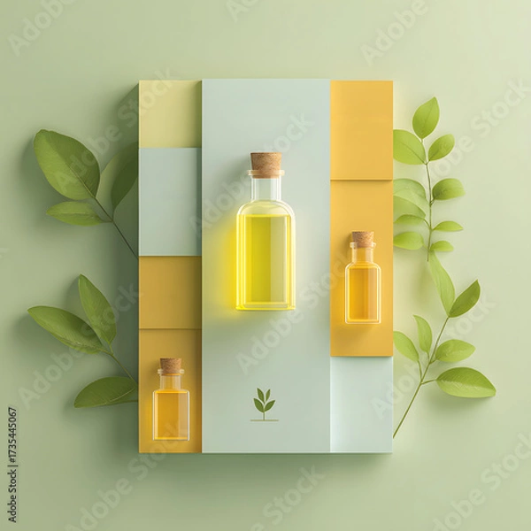 Fototapeta Elegant glass bottles filled with golden liquid, adorned with fresh green leaves and soft pastel blocks.