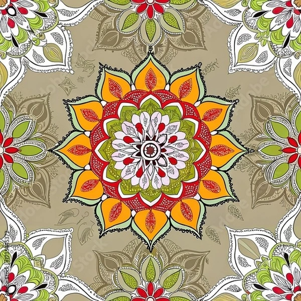 Fototapeta Ornate symmetrical mandala pattern with vibrant floral medallion in orange, red, yellow, and green with decorative leaves on beige background