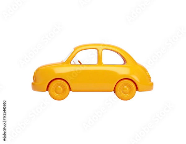 Fototapeta A simple yellow toy car with round wheels and windows on a stark black background