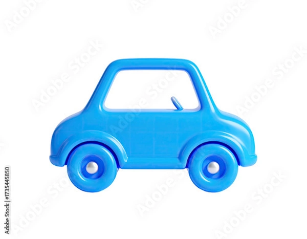 Fototapeta Bright blue, rounded toy car, viewed from the side, against a stark black background