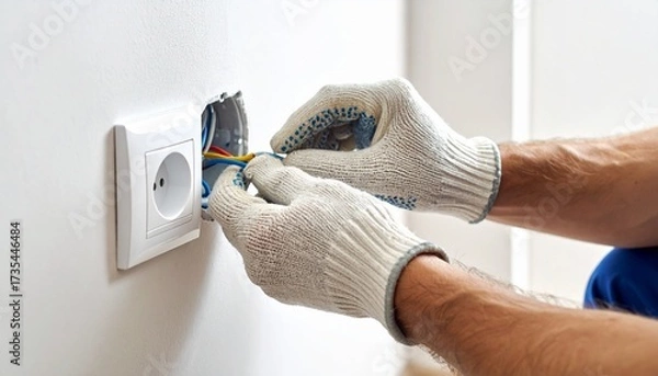 Obraz Close-up of electrician hands wearing protective gloves while fixing electrical socket and wiring inside wall outlet, concept of home repair, electrical safety, and professional installation