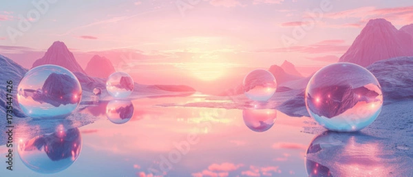 Fototapeta Surreal spheres on serene fantastic landscape with water reflection in futuristic style. 3d render. Copy space.