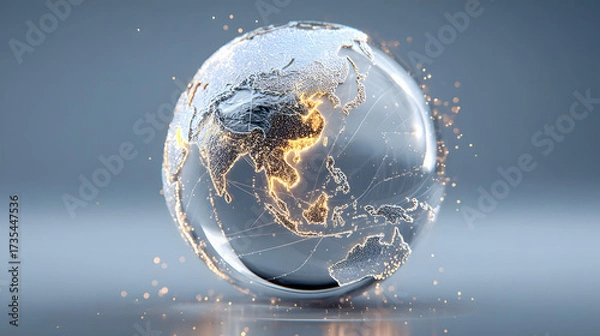 Fototapeta Global network connections visualized on a modern glass globe with glowing lights, business concept