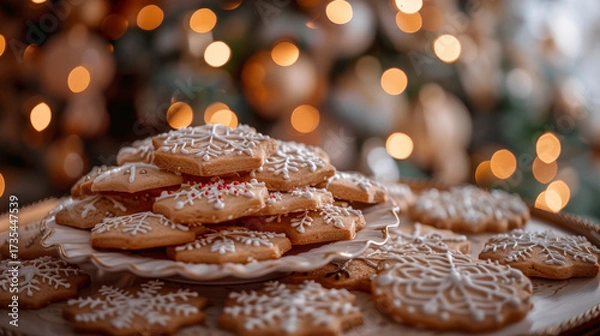 Fototapeta Handmade Christmas cookies, gingerbread cookies on  blurred background of festively decorated Christmas tree lights. Close-up.