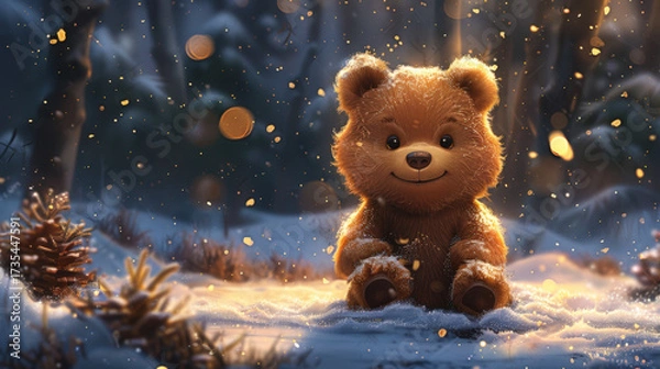 Fototapeta Cute bear cub in snowy winter forest. Little animal among trees and falling snow. Magic atmosphere. New Year's postcard. Copy space