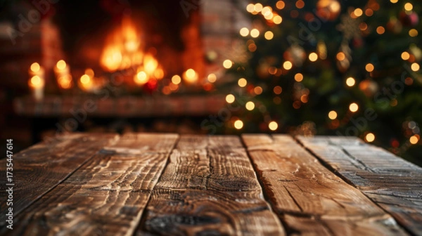Fototapeta Empty old wooden table on blurry background of Christmas tree and fireplace. Festive New Year postcard. Copy space.