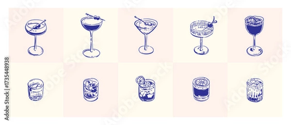 Fototapeta Hand-drawn cocktail set, doodle drinks drawings vector illustration,  whimsical art sketch for poster, sticker, greeting card, menu, invitation, postcard