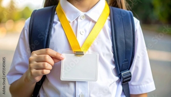 Fototapeta Close-up of a student wearing a white school uniform with a yellow lanyard and blank ID card badge, holding the identification card while carrying a backpack outdoors, education and identity concept