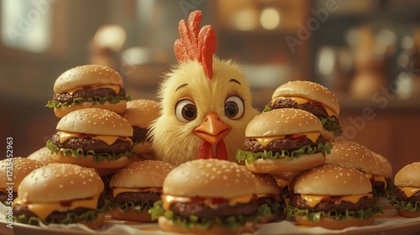 Fototapeta A bright yellow chick curiously peeks over a line of appetizing cheeseburgers with lettuce and cheese in a warm, welcoming dining area during the day.