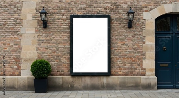 Obraz Blank vertical signboard mockup centered on a rustic brick wall with traditional lanterns and a dark blue door.


