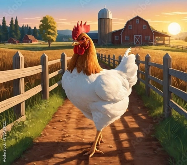 Fototapeta A rooster strolls confidently down a dirt path framed by wooden fences. The vibrant colors of sunset cast a warm glow across the serene rural landscape.
