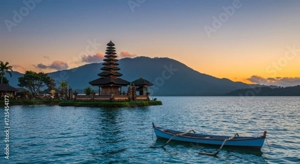 Fototapeta Tranquil waterscape with ancient temple and boat at sunset creating serene atmosphere and landscape photography