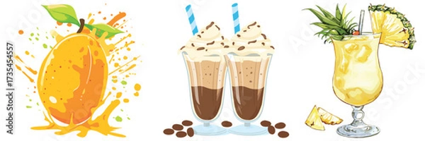 Fototapeta Fresh fruit juice splash and summer drink set – vector illustration