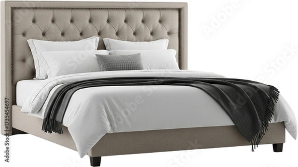 Obraz Elegant Upholstered Bed with Tufted Headboard and White Bedding