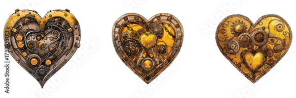 Fototapeta Steampunk mechanical heart gear and clock set – vector illustration
