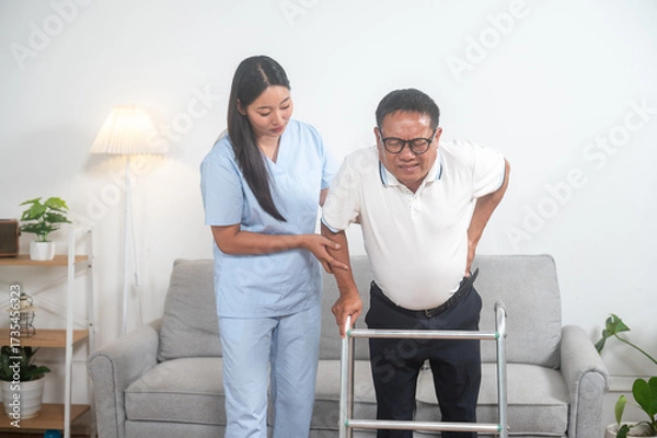 Fototapeta Caring Support: A compassionate caregiver helps an elderly gentleman with mobility assistance using a walking aid