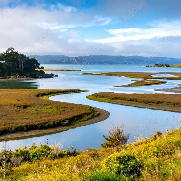 Fototapeta Scenic estuary with winding waterways