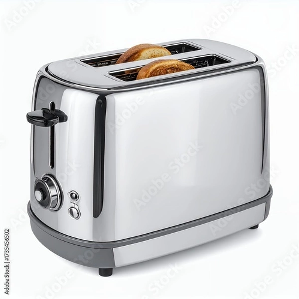Fototapeta Elevated studio capture of a polished, metallic toaster against a clean white backdrop