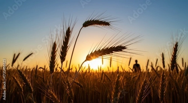 Fototapeta Wheat field silhouetted against sunset sky featuring ears of grain and a distant figure
