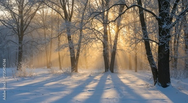 Fototapeta Winter forest landscape with snow covered ground and sunlit trees creating shadows creating natural scene