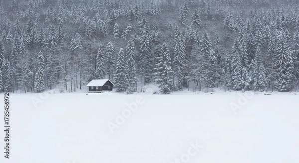 Fototapeta Winter landscape featuring a small cabin nestled amidst snow covered trees with a pristine white foreground under overcast skies