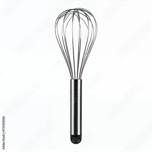 Fototapeta Minimalist stainless steel whisk isolated against pristine white background for culinary use
