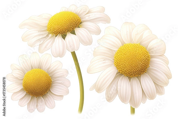 Fototapeta Three White Daisies with Yellow Centers on Transparent Background Close Up View Floral Arrangement with Smooth Petals Sunny and Bright Outdoor Aesthetic Spring or Summer Garden Theme