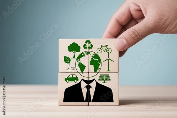 Fototapeta Businessperson integrating environmental sustainability and global responsibility with hand placing final puzzle piece