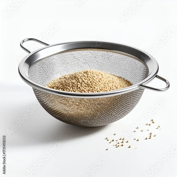 Fototapeta Stainless steel sieve with grains in white background creates a simple composition