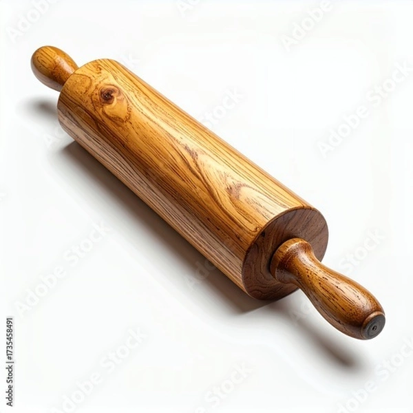 Fototapeta Rustic wooden rolling pin showcasing natural grain, isolated on a white backdrop