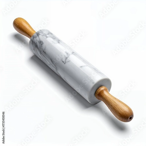Fototapeta Elegant marble rolling pin with wooden handles isolated on a clean white background