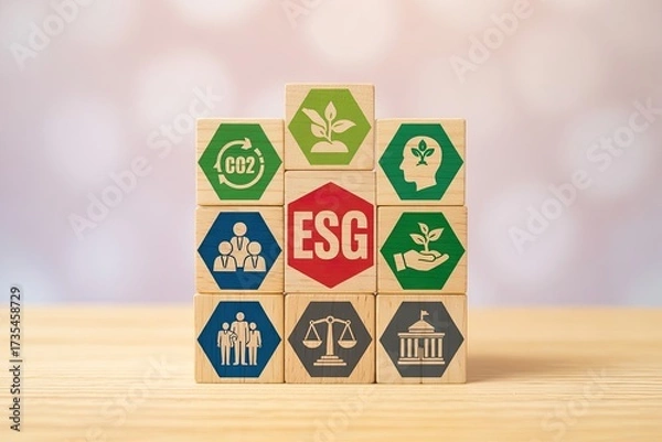 Fototapeta Conceptual business and sustainability esg blocks representing environmental social governance corporate responsibility