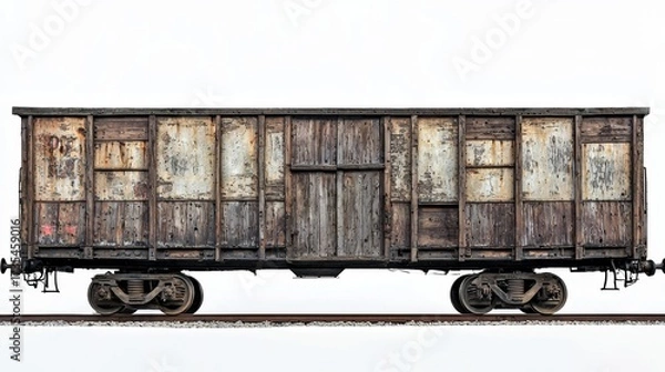 Fototapeta Old wooden freight train car resting on rusty tracks in a desolate area