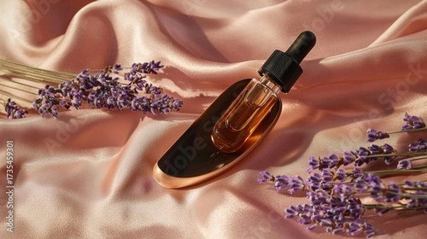 Fototapeta Lavender essential oil bottle placed on satin fabric with dried lavender flowers in a serene setting