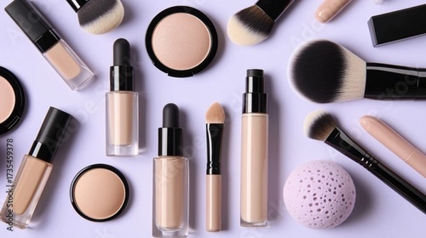 Fototapeta Makeup tools and products arranged neatly on a smooth surface showing different types and textures in natural shades