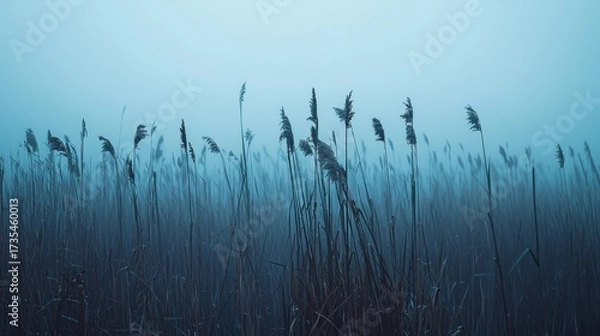 Fototapeta Dense fog envelops tall grass in a serene landscape during early morning, creating a tranquil atmosphere
