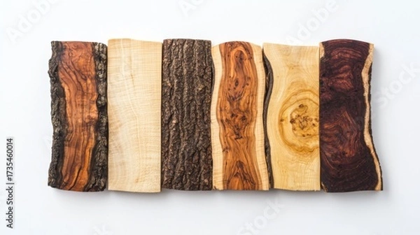 Fototapeta Various types of rustic wood slices arranged neatly on a white background for creative projects or home decor ideas