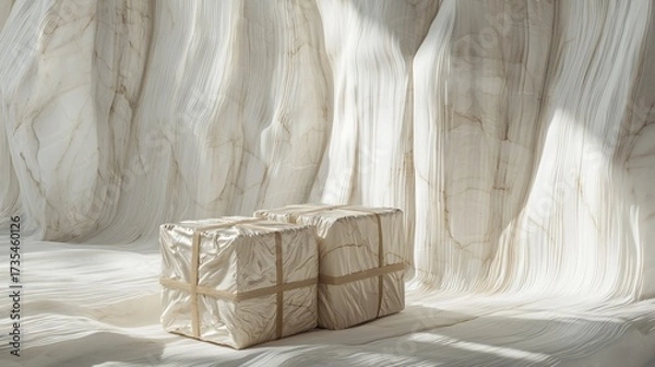 Fototapeta Two neatly wrapped packages resting on a smooth marble surface in a softly lit space