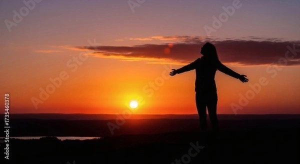 Fototapeta Silhouette of a woman standing with her arms wide open facing a vibrant sunset sky over a tranquil landscape, symbolizing freedom and spirituality