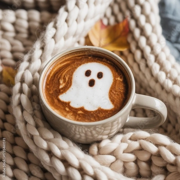Fototapeta Halloween latte art: cute ghost in coffee foam with Warm scarf and yellow foliage