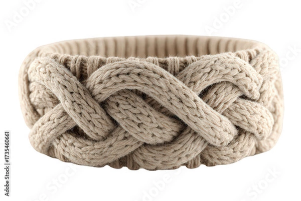 Fototapeta Beige Knitted Headband on Transparent Background Woven Braided Pattern Fashion Accessory Soft Wool Warm Ear Warmer Winter Apparel Neutral Tones Textured Surface Close Up Studio Shot Comfortable Style