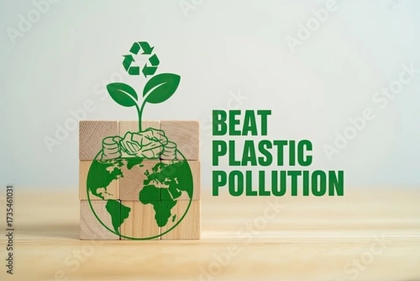 Fototapeta Eco-friendly concept a plant growing from a globe with recycling symbol beat plastic pollution text