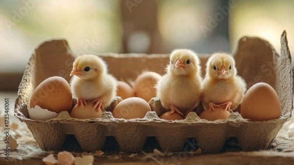 Fototapeta Three fluffy chicks sitting on eggs in an egg carton in a warm and cozy setting