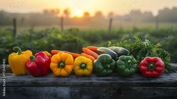Fototapeta Colorful fresh vegetables displayed on a wooden table as the sun sets over a lush farm landscape