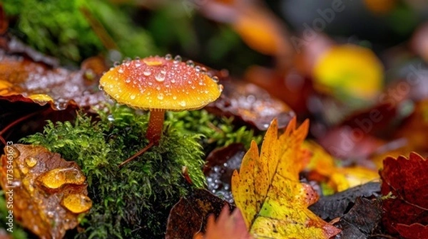 Fototapeta Colorful mushroom surrounded by autumn leaves in a forest after rainfall