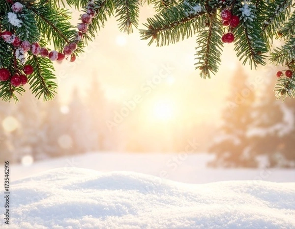 Fototapeta Festive snowy forest background with pine needles, sunrise and winter meadow.