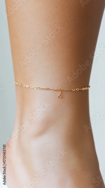 Obraz Minimalist gold chain anklet on caucasian female foot against soft background