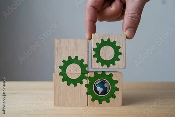 Fototapeta Hand connecting wooden blocks with green gears and earth icon for eco-friendly business concepts