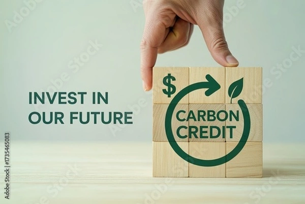 Fototapeta Hand holding a wooden block with carbon credit symbol and text invest in our future